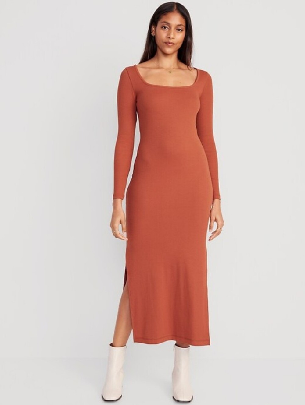 NWT Old Navy Umbria Orange Rib Knit Squareneck Long Sleeve Midi Dress SMALL